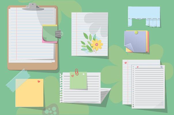 Collection of Paper Sheets and Sticky Notes Flat Lay Design