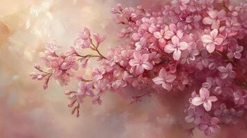 A painting of pink flowers on a branch photo