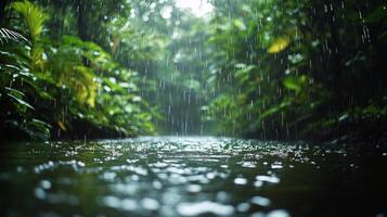 Rain falling on a river in the jungle photo