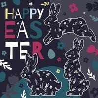 Happy Easter square card with rabbits, eggs, flowers, and text. bright modern illustration. vector