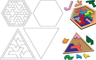 Laser cut template Geometric puzzle game triangle hexagon Montessori school educational material vector