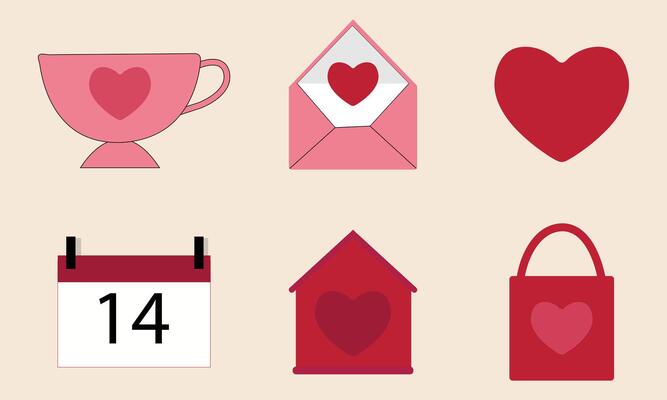 Hand drawn coquette elements for Valentines day, wedding invitation, birthday card.heart ,cup,message,icon for valentine's day design.