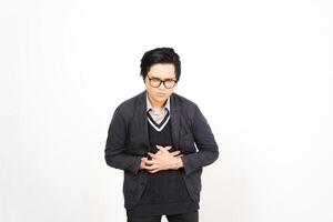 A man with glasses and a jacket standing in front of a white background photo