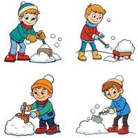 Four children are shoveling snow in different poses vector