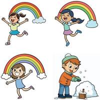 Four children playing in the snow with a rainbow vector