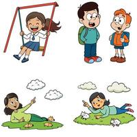 Four children playing in the park with swings and other toys vector