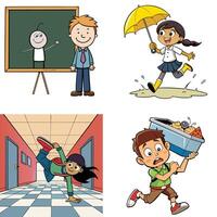 Four different cartoon images of children and teachers vector