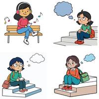 Four different images of people sitting on steps and thinking vector