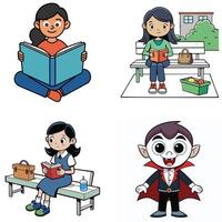 Four cartoon characters sitting on a bench reading books vector