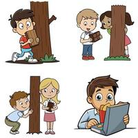 Cartoon children playing with a tree and a laptop vector