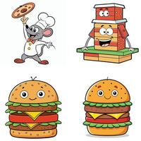 Cute cartoon type burger looking big eyes adjust lotus leaf and toast with a many more character for restaurant post and sticker design source art illustration vector