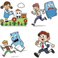 Cartoon children running and playing in different scenes vector