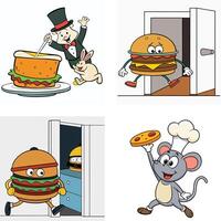 Set of cartoon type burger running out and in from the restaurant door with a many more character for restaurant post and sticker design source art illustration vector