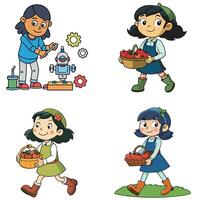 Four cartoon girls with baskets of apples vector
