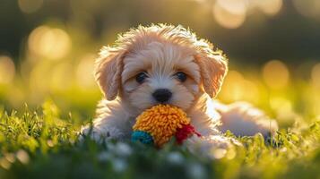 A puppy playing with a toy in the grass photo
