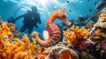 A seahorse and scuba diver in the ocean photo