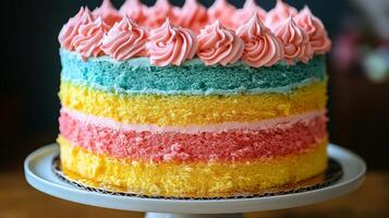A rainbow cake with pink, blue, yellow and red frosting photo