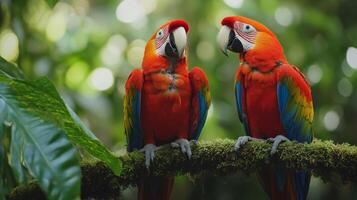 Two parrots sitting on a branch in the jungle photo
