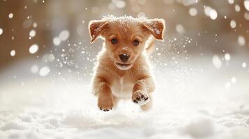 A puppy running through the snow photo