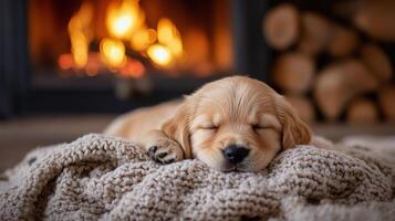 A golden retriever puppy sleeping on a blanket in front of a fireplace photo