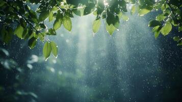 Raindrops on leaves and green trees photo