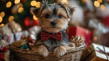 A small dog sitting in a basket with presents photo