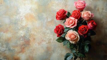 A bouquet of roses is shown on a table photo