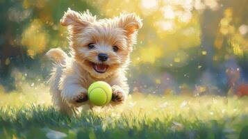 A small dog running with a tennis ball photo