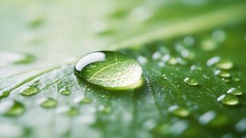 A drop of water sits on a green leaf photo