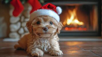 A puppy wearing a santa hat sitting in front of a fireplace photo