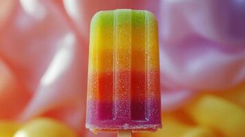 A colorful popsicle with rainbow stripes on it photo