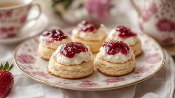 Three scones with cream and strawberry jam on a plate photo