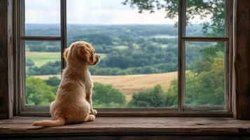 A dog sitting on a window sill looking out at a field photo