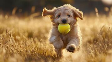 A dog running with a tennis ball in its mouth photo