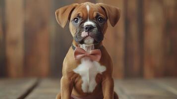 A boxer dog wearing a bow tie sitting on a wooden floor photo
