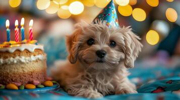 A dog with a birthday hat sitting next to a cake photo