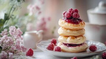 A stack of pastries with raspberry sauce on top photo