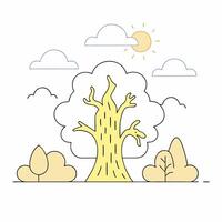 Sunny Day Tree Line Art Yellow Tree Illustration with Clouds and Sun. vector