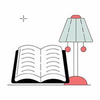 Open Book with Table Lamp Minimalist Line Art Illustration. vector