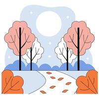 Autumn Path Peaceful Moonlight Scene Pink and White Trees. vector
