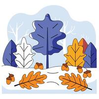 Autumn Landscape Stylized Trees, Falling Leaves, Acorns. vector