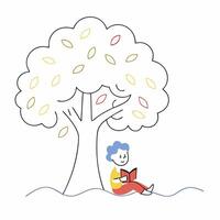 Child Reading Under Autumn Tree Simple Line Art Illustration. vector