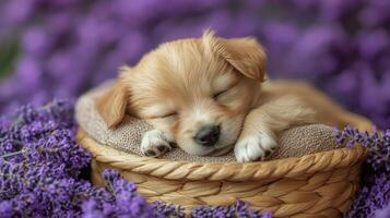 A puppy sleeping in a basket of lavender flowers photo