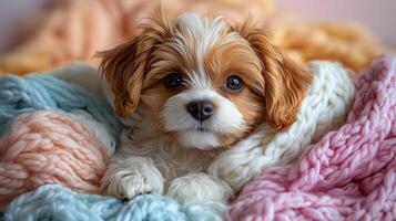 A small brown and white dog is sitting on a blanket photo