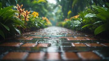 Rainy day in the garden, brick path in the garden, tropical plants, rain, water photo