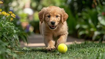 A golden retriever puppy running with a tennis ball photo
