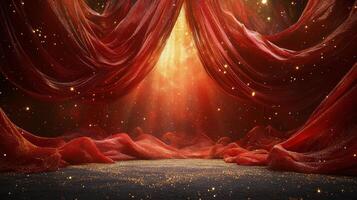A red curtain is open in front of a stage photo