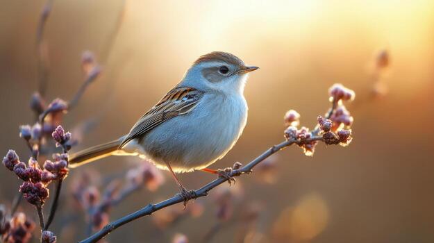 A small bird is perched on a branch in front of a sunset photo