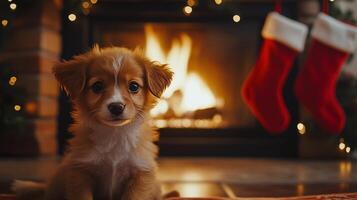 A puppy sitting in front of a fireplace with christmas stockings photo
