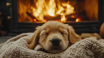 A puppy sleeping on a blanket in front of a fireplace photo